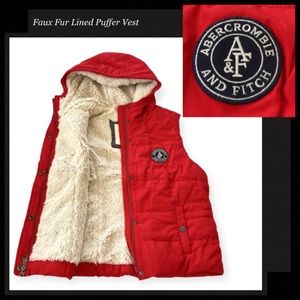 ABERCROMBIE & FITCH Faux Fur Lined Hooded Puffer Vest in Red
